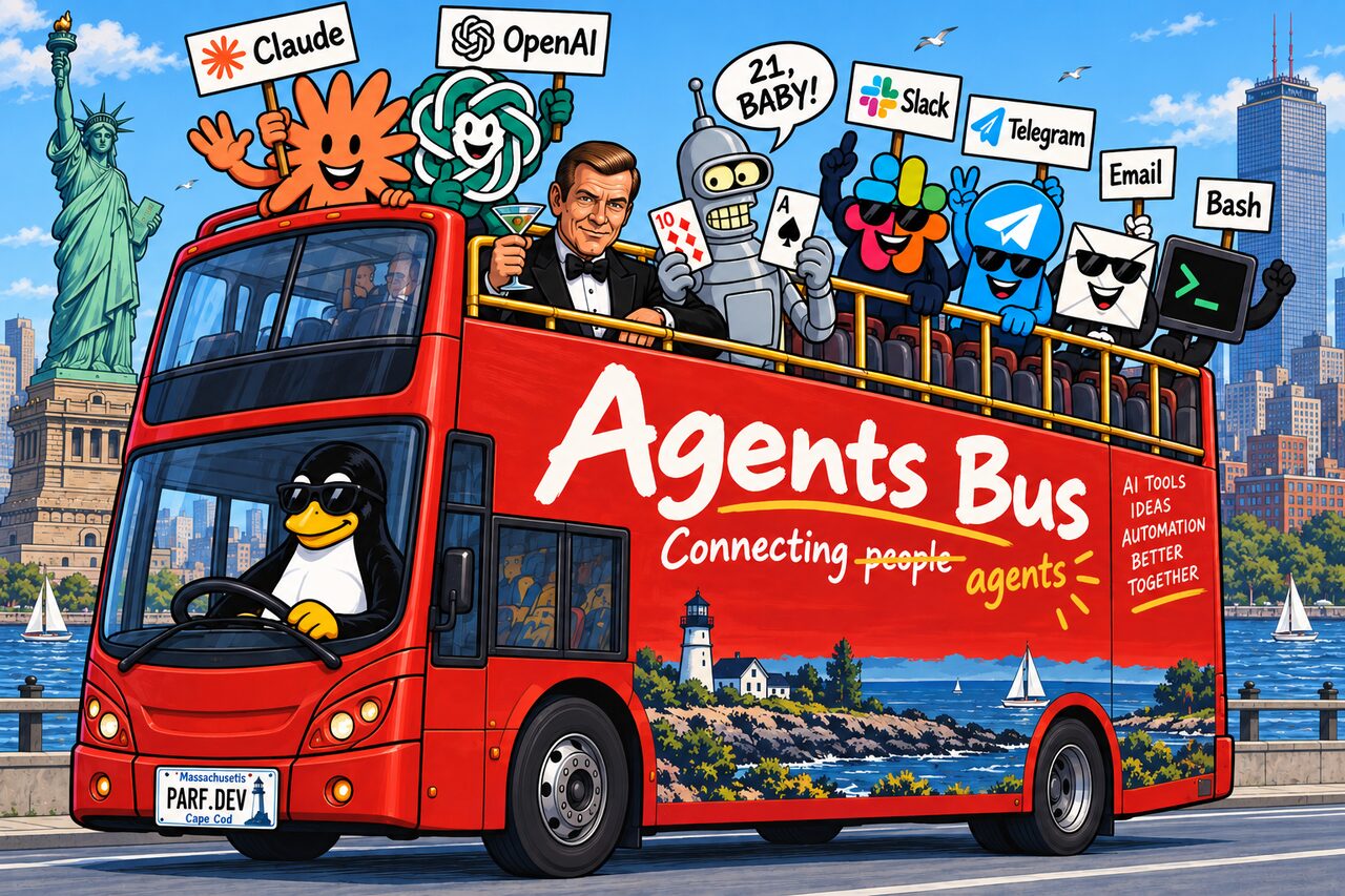 Cartoon of a red double-decker bus labelled "Agents Bus — connecting agents",
              driven by the Linux penguin, carrying Claude, OpenAI, Slack, Telegram, Email and Bash
              mascots past the Statue of Liberty and the Boston skyline.