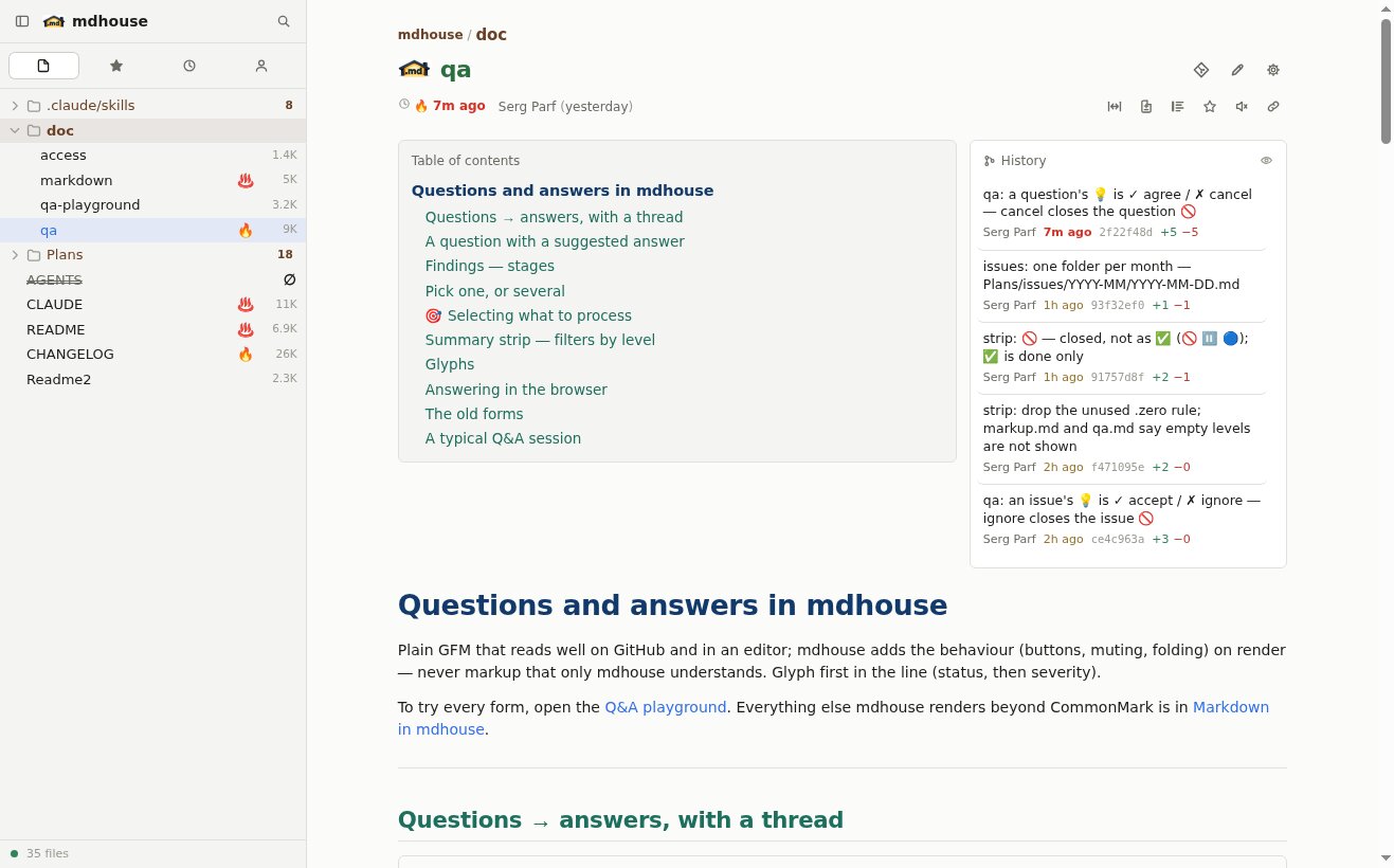 mdhouse in the browser: a file tree with freshness marks on the left, a rendered
              document with its table of contents, and the file's recent git history on the right.