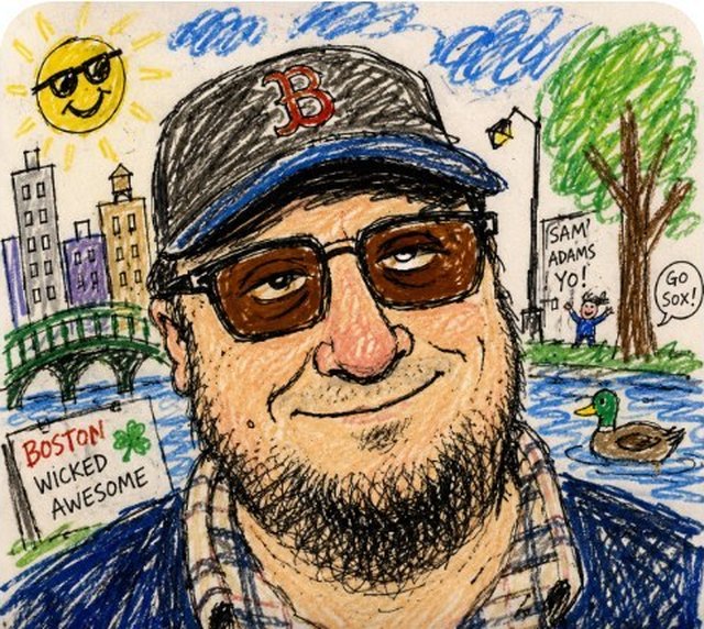 Crayon caricature: the same man in a Boston Red Sox cap and sunglasses,
              drawn against the city skyline, a river with a duck and a sign reading
              "Boston wicked awesome".